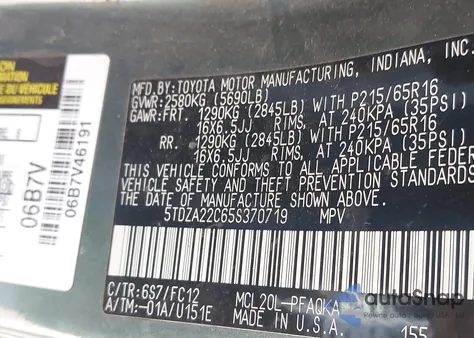 2005 Toyota Sienna Xle z USA, uszkodzony, nr VIN 5TDZA22C65S370719